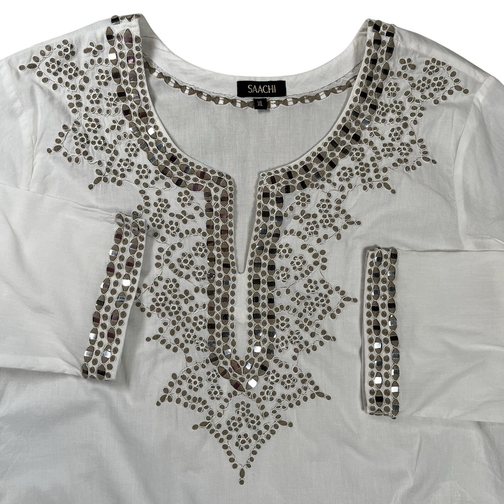 Saachi White Embroidered Tunic Top Sz XL Mirror‎ Embellishments Lightweight READ